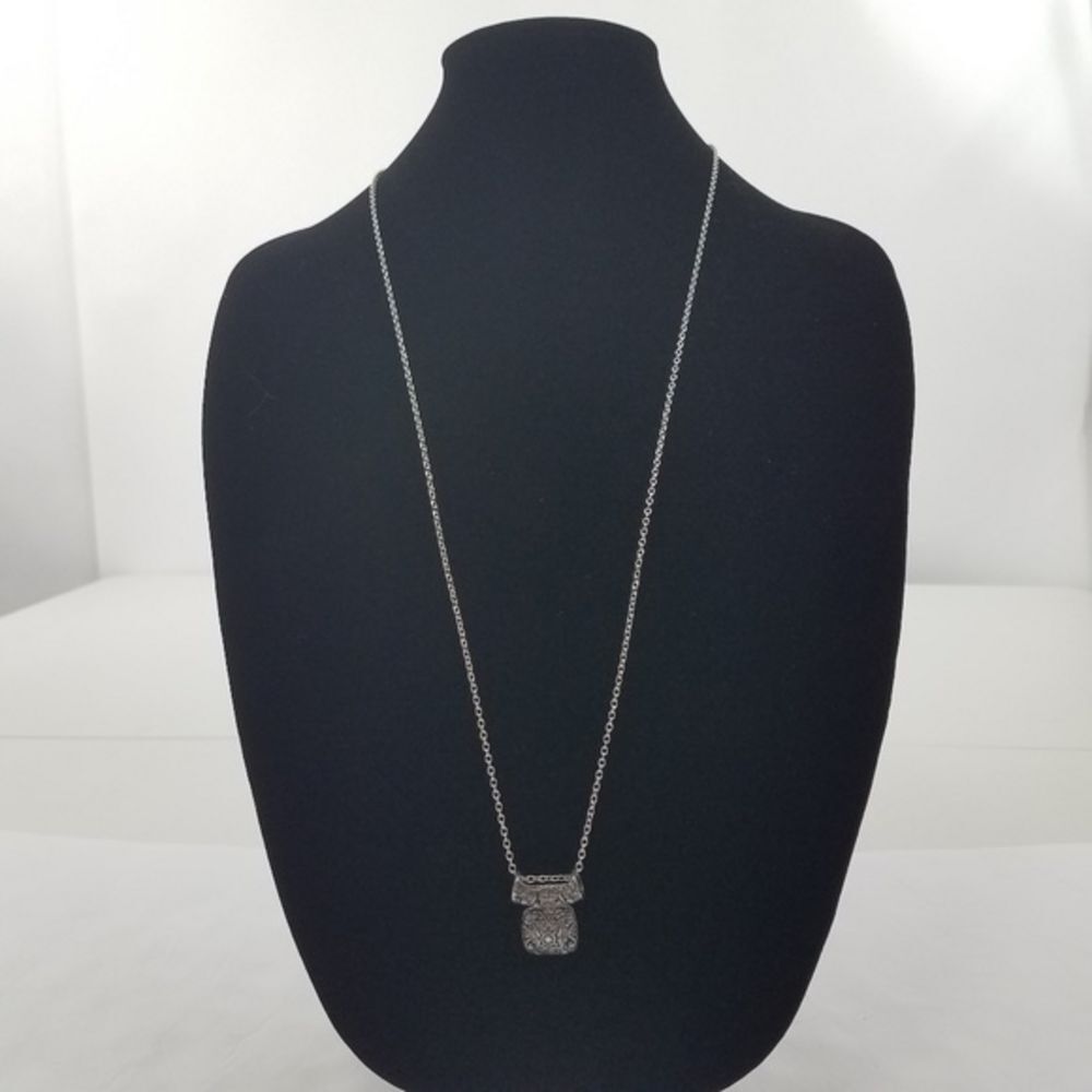 Premier Designs Necklace Silver Tone Pendant Filigree Gray Long 32 inch